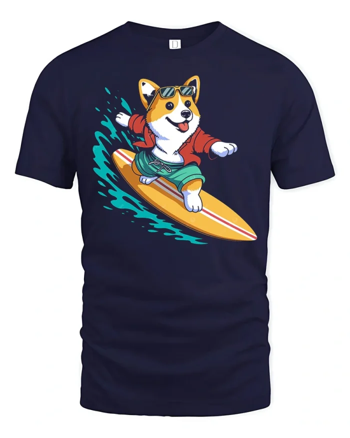 Surfing Corgi Dog Beach Waves Graphic Soft Cotton T Shirt - navy t-shirt on white background
