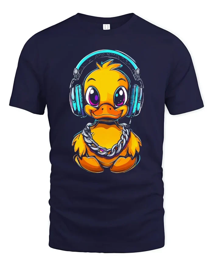 Cool DJ Duck With Headphones Chain Graphic Cotton T Shirt - navy t-shirt on white background