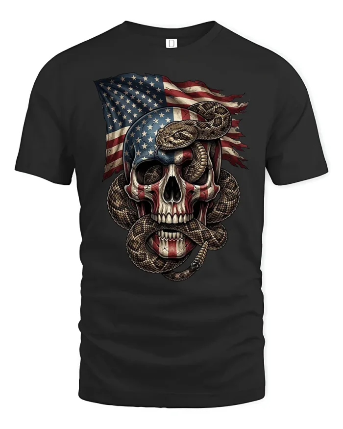 American Flag Skull Rattlesnake Graphic Cotton T Shirt - black t-shirt on white background
