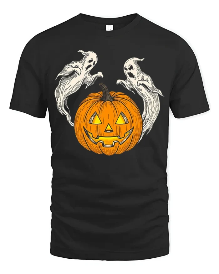 Vintage Halloween Pumpkin Flying Ghosts Cotton T Shirt - black t-shirt on white background