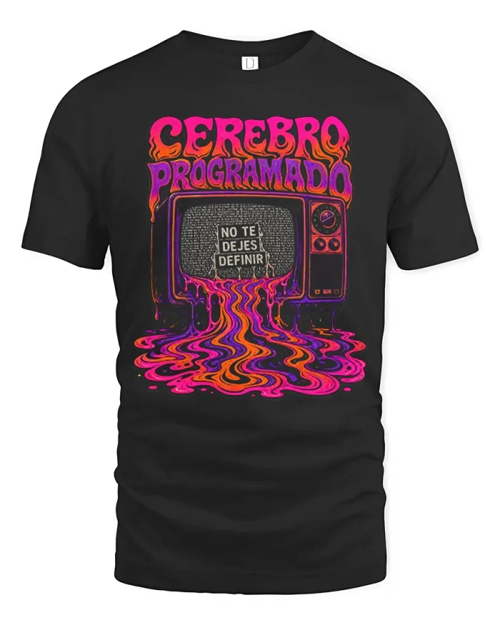 Trippy Cerebro Programado Melting TV Graphic Cotton T Shirt - black t-shirt on white background