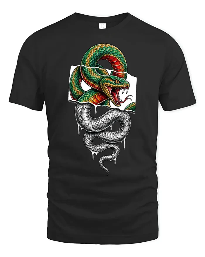 Torn Paper Green Snake Viper Tattoo Graphic Cotton T Shirt - black t-shirt on white background