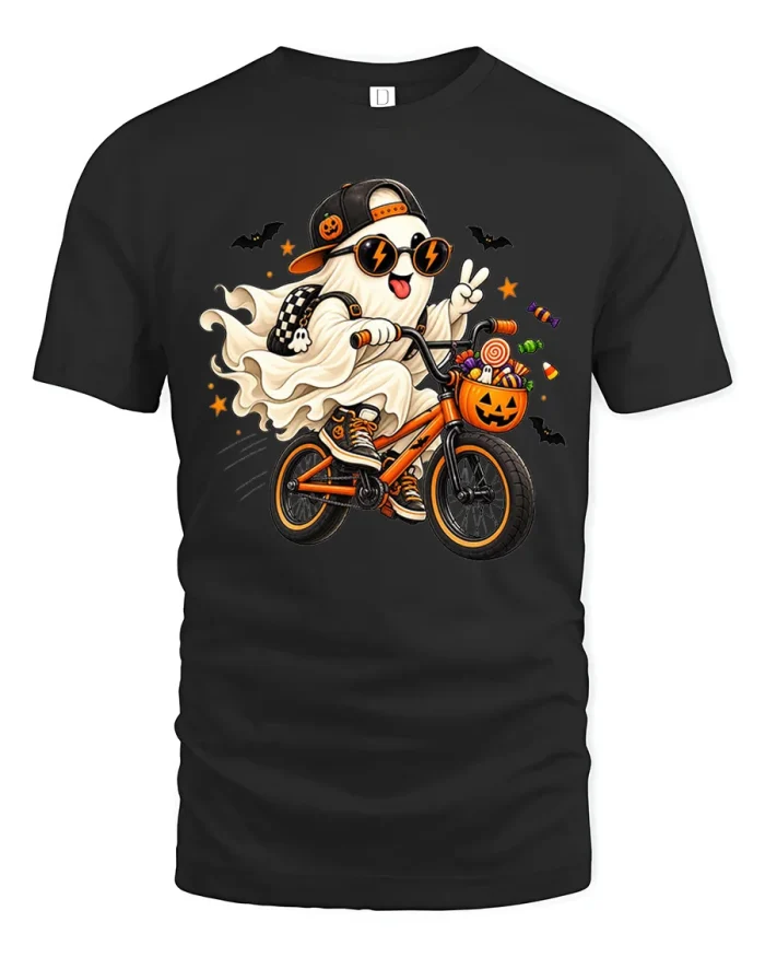 Cool Ghost Riding Bike Halloween Graphic Cotton T Shirt - black t-shirt on white background