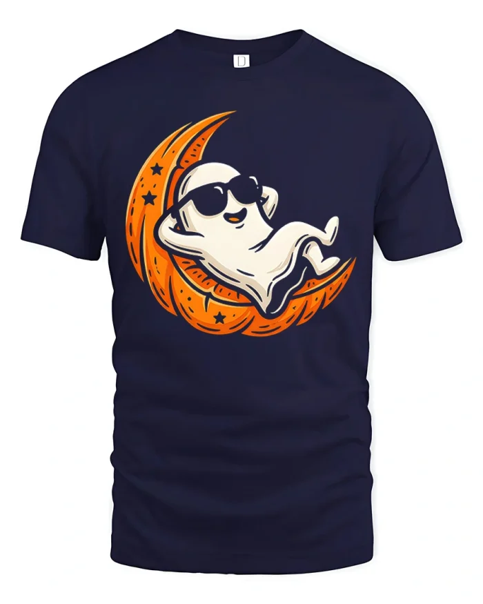 Chill Ghost Lounging On Crescent Moon Graphic Cotton T Shirt - navy t-shirt on white background