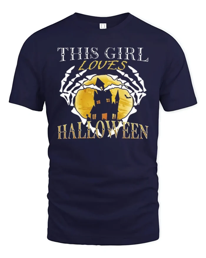This Girl Loves Halloween Skeleton Hands Graphic Cotton T Shirt - navy t-shirt on white background