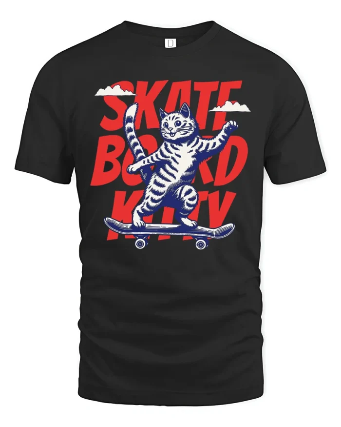 Skateboard Kitty Riding Cat Streetwear Cotton T Shirt - black t-shirt on white background