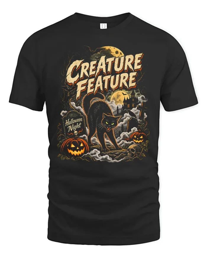 Creature Feature Halloween Black Cat Graphic Cotton T Shirt - black t-shirt on white background