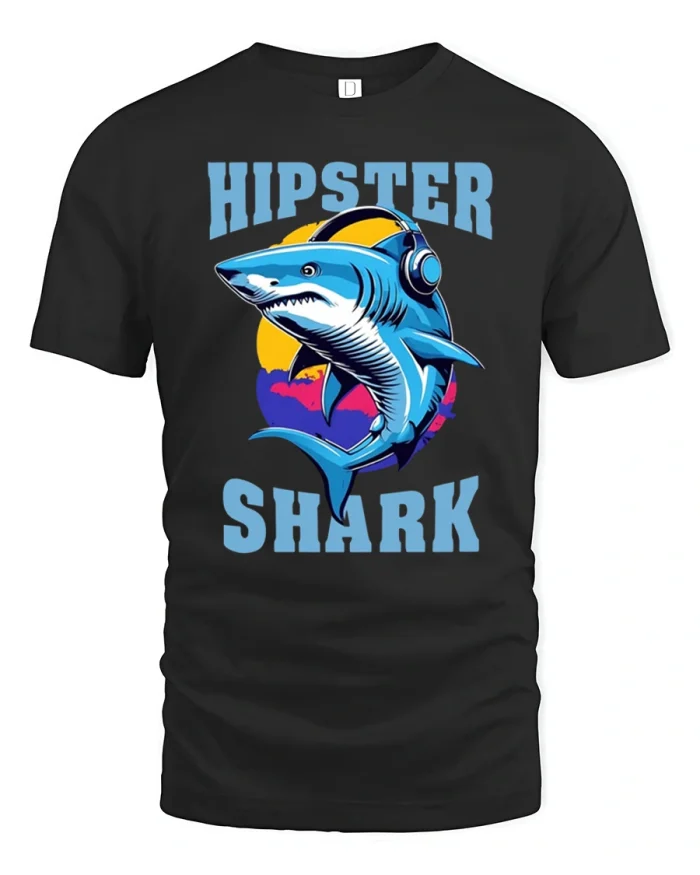 Hipster Shark In Headphones Retro Sunset Cotton T Shirt - black t-shirt on white background