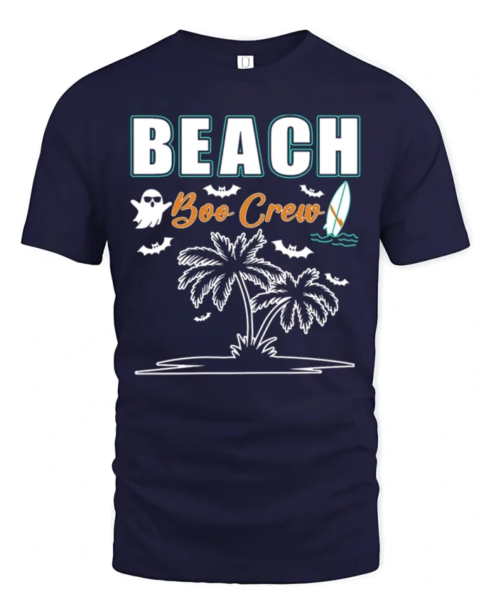 Beach Boo Crew Funny Halloween Surfing Ghost Cotton T Shirt - navy t-shirt on white background
