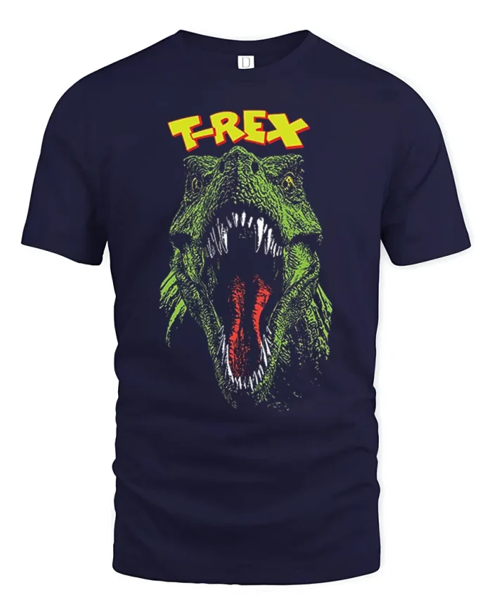 Roaring Green TRex Dinosaur Graphic Soft Cotton T Shirt - navy t-shirt on white background