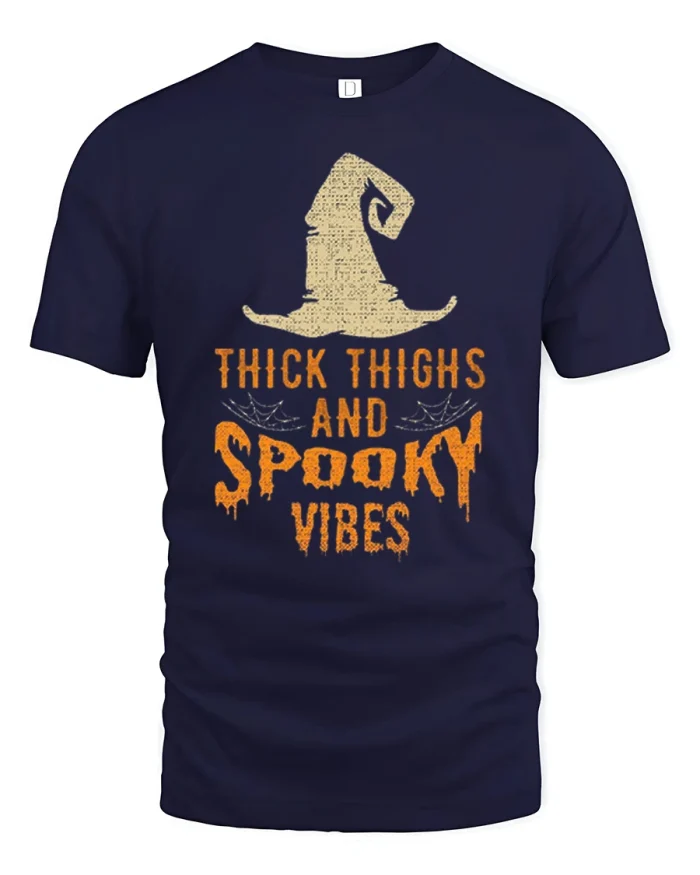 Thick Thighs And Spooky Vibes Witch Hat Cotton T Shirt - navy t-shirt on white background