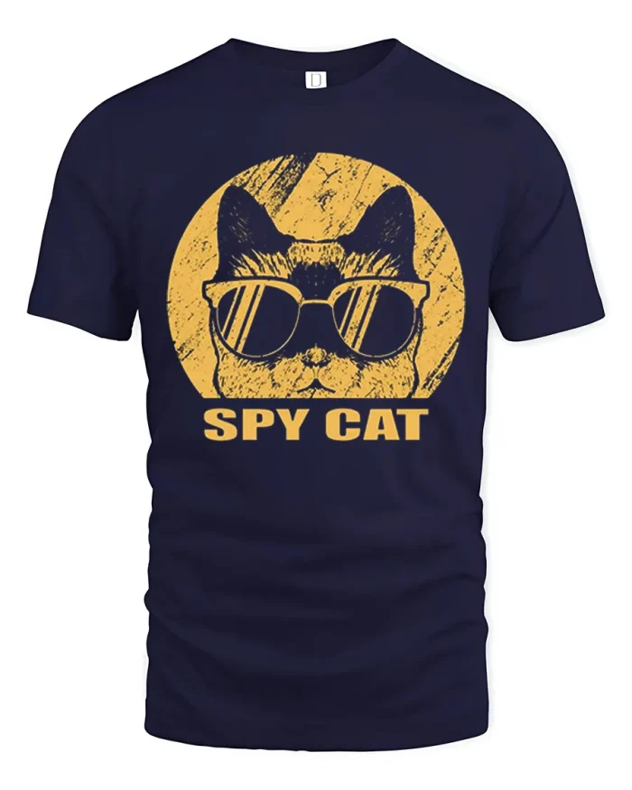 Spy Cat In Sunglasses Retro Secret Agent Cotton T Shirt - navy t-shirt on white background