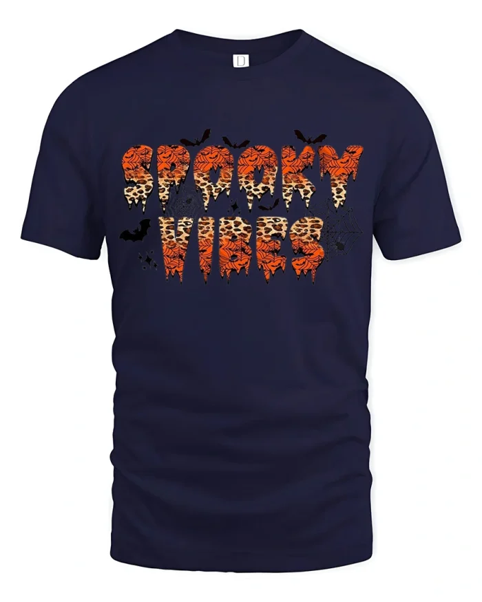 Spooky Vibes Leopard Print Halloween Soft Cotton T Shirt - navy t-shirt on white background
