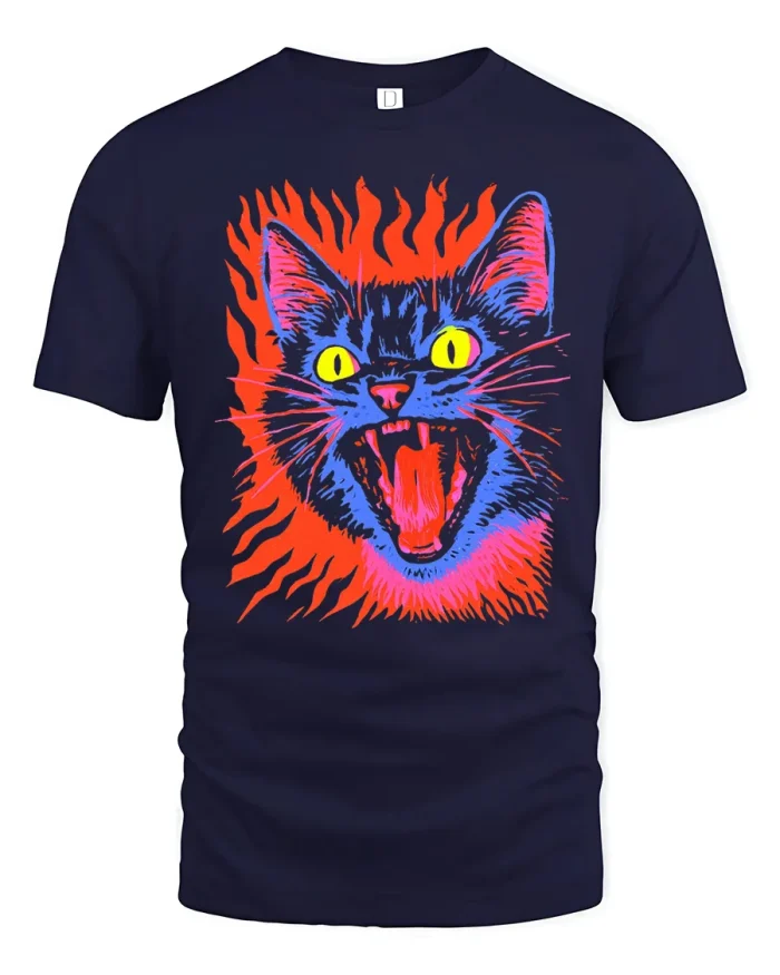 Angry Screaming Cat In Flames Retro Graphic Cotton T Shirt - navy t-shirt on white background