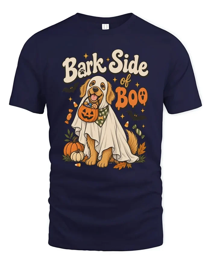 Bark Side Of Boo Cute Ghost Dog Halloween Cotton T Shirt - navy t-shirt on white background