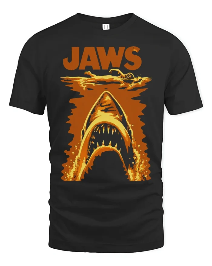 Retro Jaws Shark Attack Movie Graphic Cotton T Shirt - black t-shirt on white background