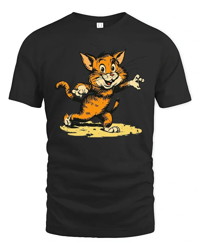 Vintage Walking Orange Tabby Cat Comic Cotton T Shirt - black t-shirt on white background