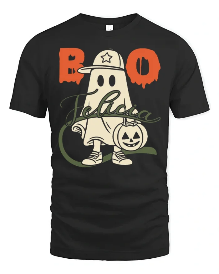 Boo Felicia Cute Ghost Pumpkin Halloween Cotton T Shirt - black t-shirt on white background