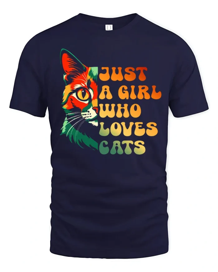 Just A Girl Who Loves Cats Retro Graphic Cotton T Shirt - navy t-shirt on white background