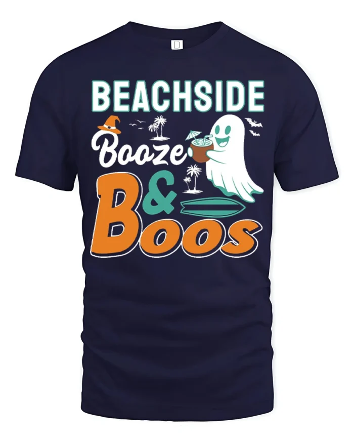 Beachside Booze And Boos Cute Halloween Cotton T Shirt - navy t-shirt on white background