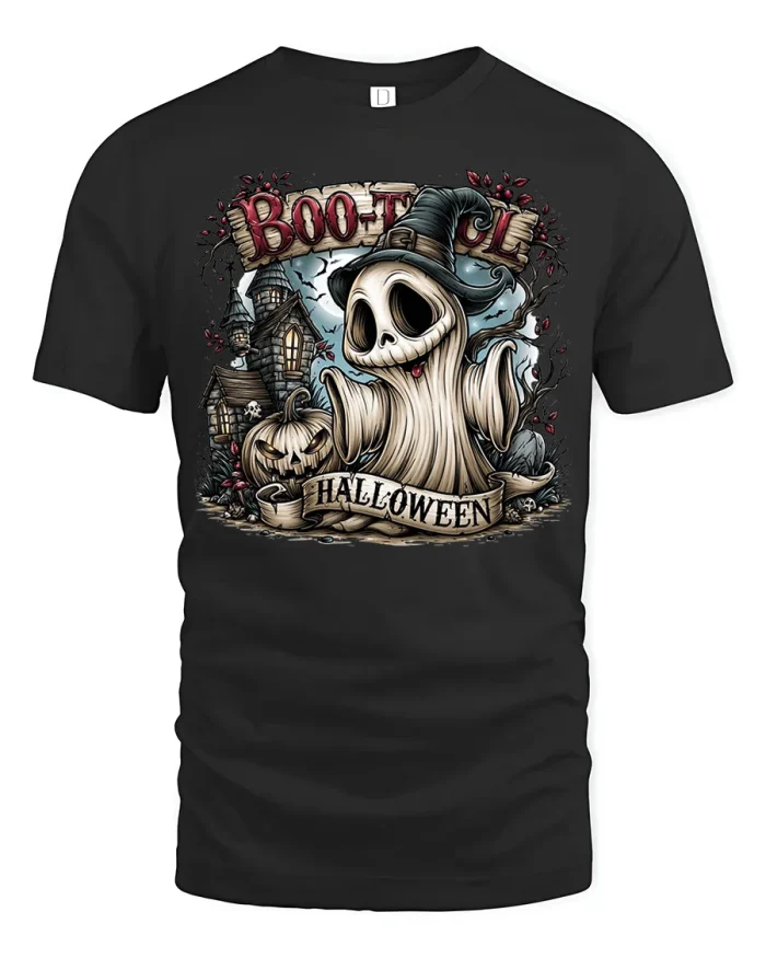 Vintage Halloween Ghost Haunted House Graphic Cotton T Shirt - black t-shirt on white background