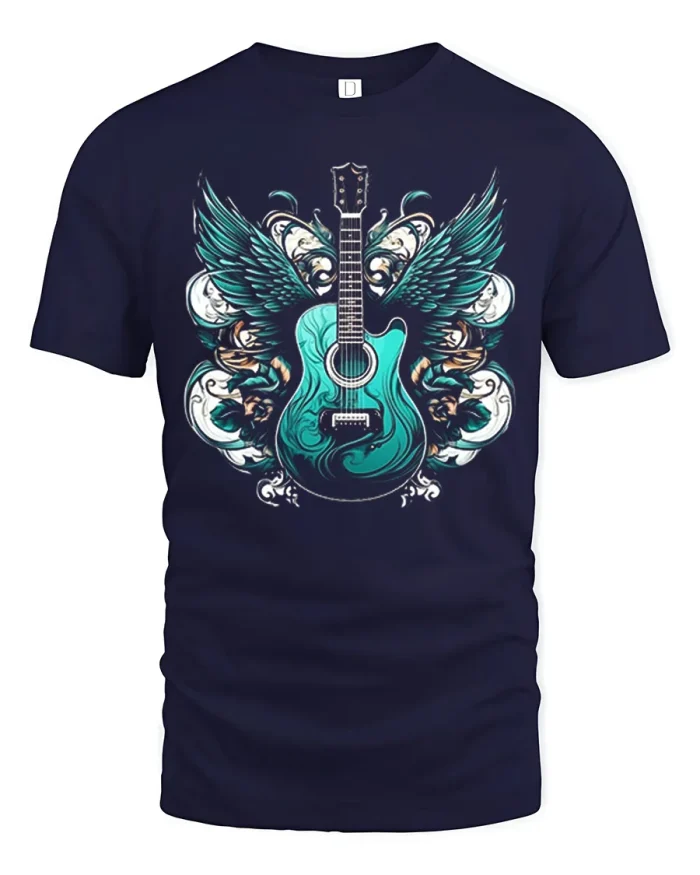 Vintage Winged Acoustic Guitar Rock Music Cotton T Shirt - navy t-shirt on white background