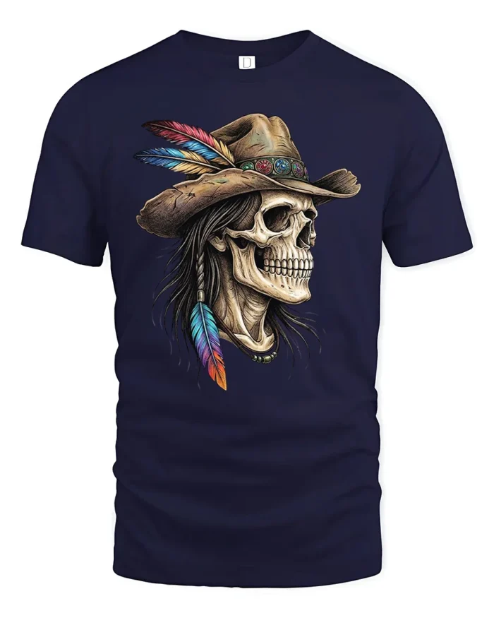 Western Cowboy Skeleton Feathers Hat Graphic Cotton T Shirt - navy t-shirt on white background