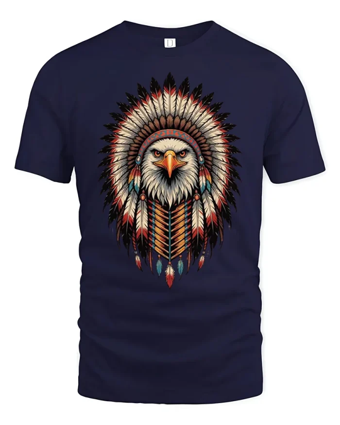 Bald Eagle In Headdress Native Feathers Cotton T Shirt - navy t-shirt on white background