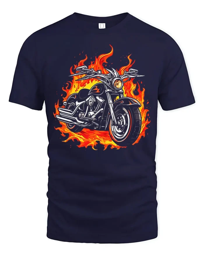 Flaming Motorcycle Chopper Biker Graphic Cotton T Shirt - navy t-shirt on white background