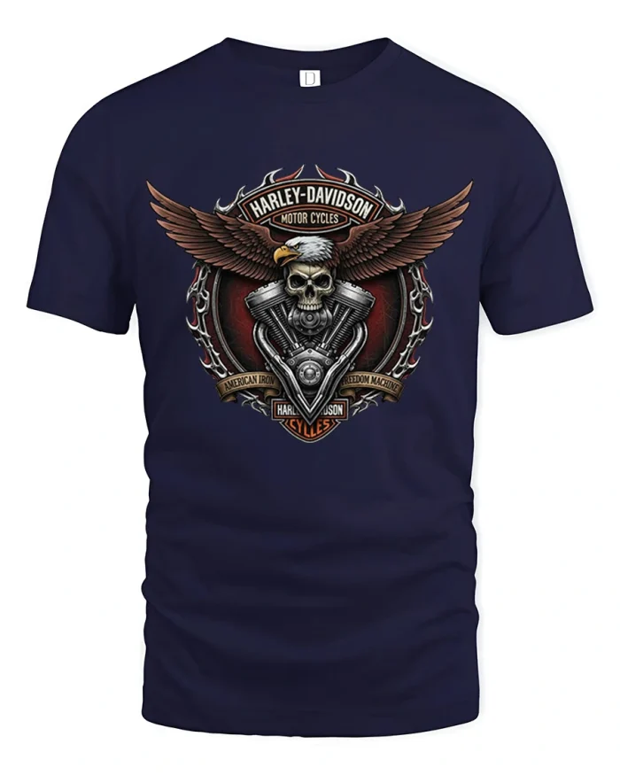 American Iron Biker Eagle Engine Skull Graphic Cotton T Shirt - navy t-shirt on white background