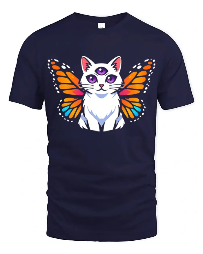Trippy Three Eyed Cat Butterfly Wings Cotton T Shirt - navy t-shirt on white background