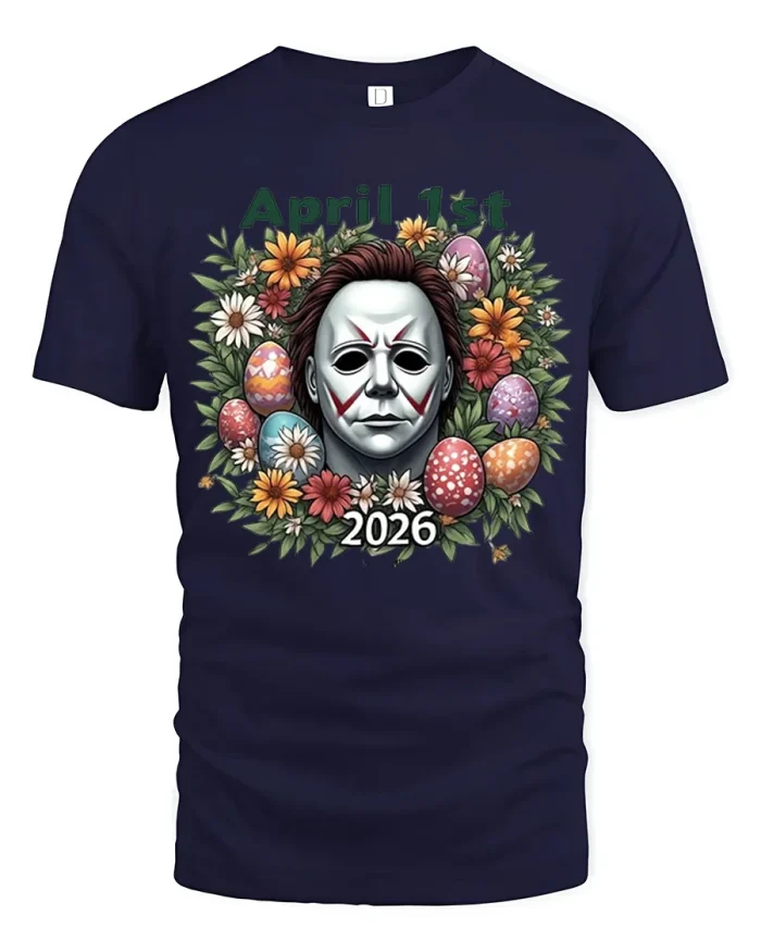 April Fools Slasher Easter Eggs 2026 Cotton T Shirt - navy t-shirt on white background