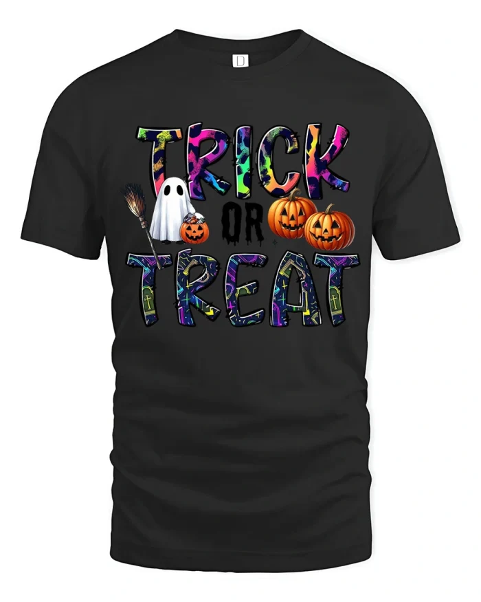 Trick Or Treat Halloween Ghost Pumpkins Cotton T Shirt - black t-shirt on white background
