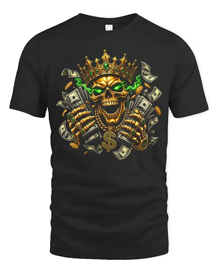 King Skull Crown Money Hustle Graphic Soft Cotton T Shirt - black t-shirt on white background
