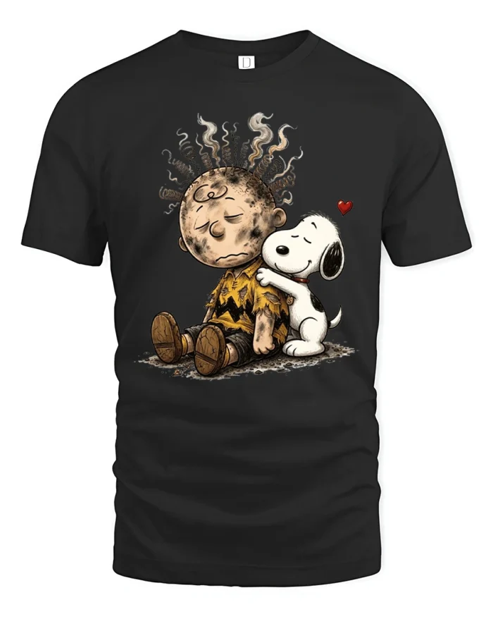 Beagle Dog Hugging Tired Boy Graphic Cotton T Shirt - black t-shirt on white background