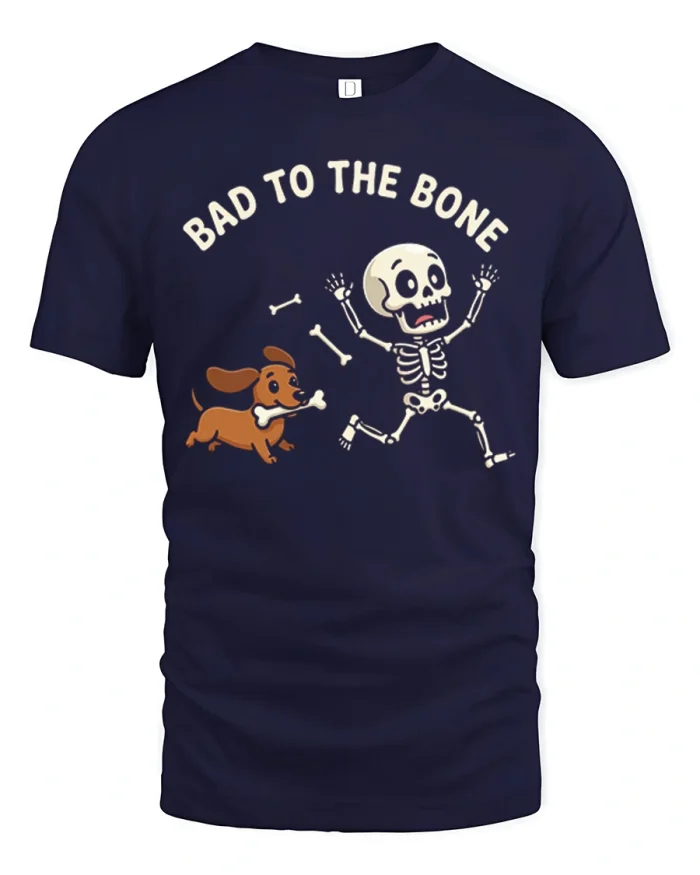 Bad To The Bone Dachshund Chasing Skeleton Cotton T Shirt - navy t-shirt on white background