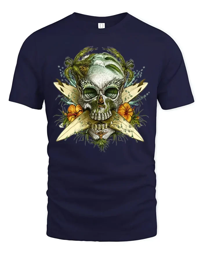 Tropical Surf Skull Crossed Surfboards Cotton T Shirt - navy t-shirt on white background