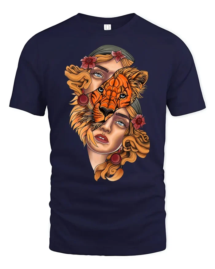 Bohemian Woman Lion Split Face Tattoo Art Cotton T Shirt - navy t-shirt on white background