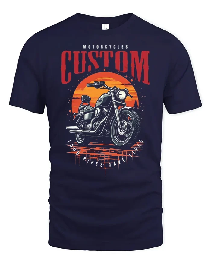 Custom Motorcycle Loud Pipes Save Lives Cotton T Shirt - navy t-shirt on white background