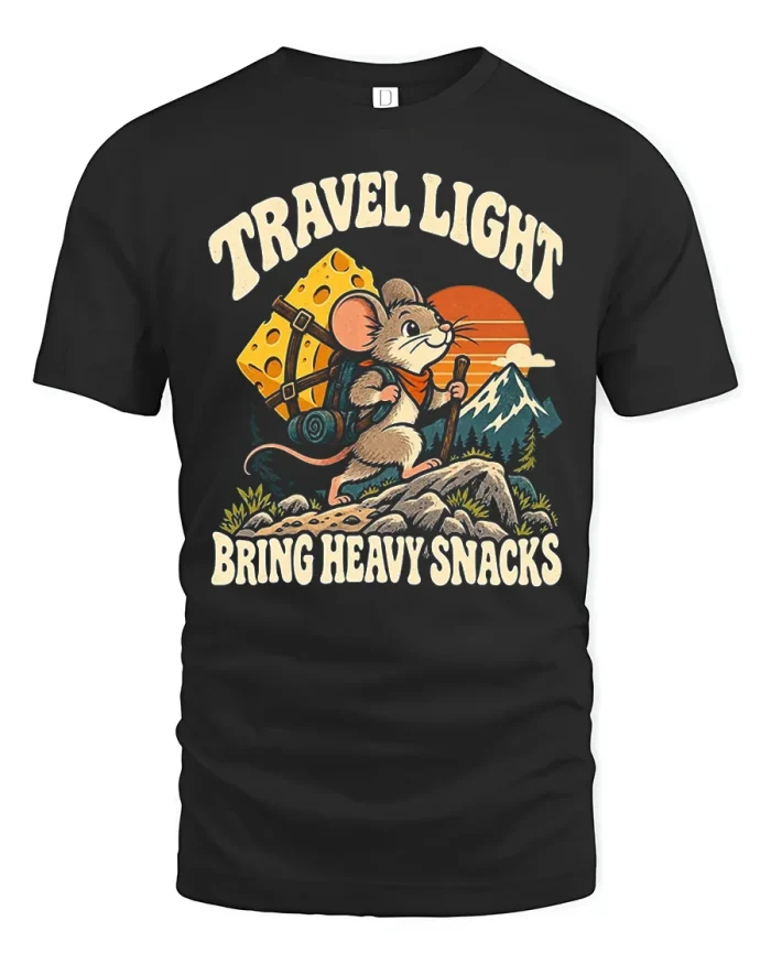 Travel Light Bring Heavy Snacks Hiking Mouse Cotton T Shirt - black t-shirt on white background