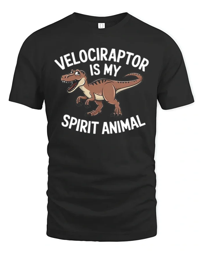 Velociraptor Is My Spirit Animal Dinosaur Cotton T Shirt - black t-shirt on white background