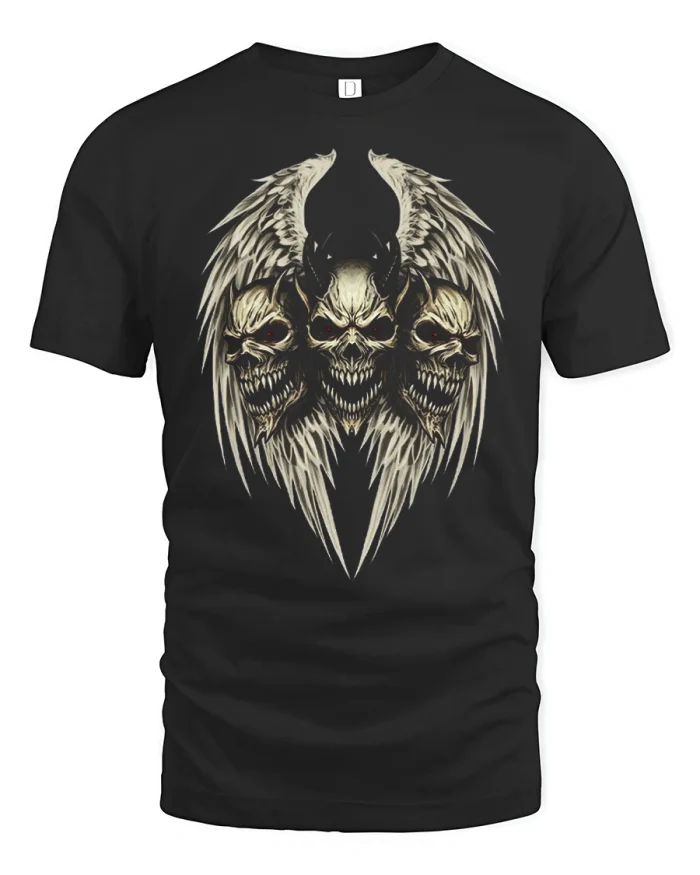 Three Headed Demon Skull Angel Wings Cotton T Shirt - black t-shirt on white background