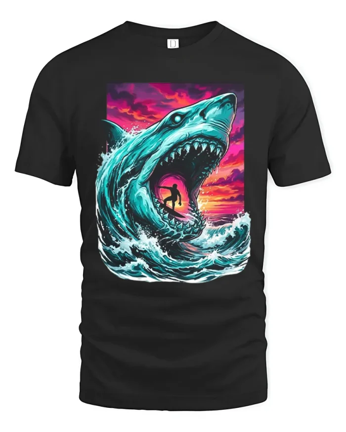 Surfing Shark Sunset Wave Jaws Graphic Cotton T Shirt - black t-shirt on white background