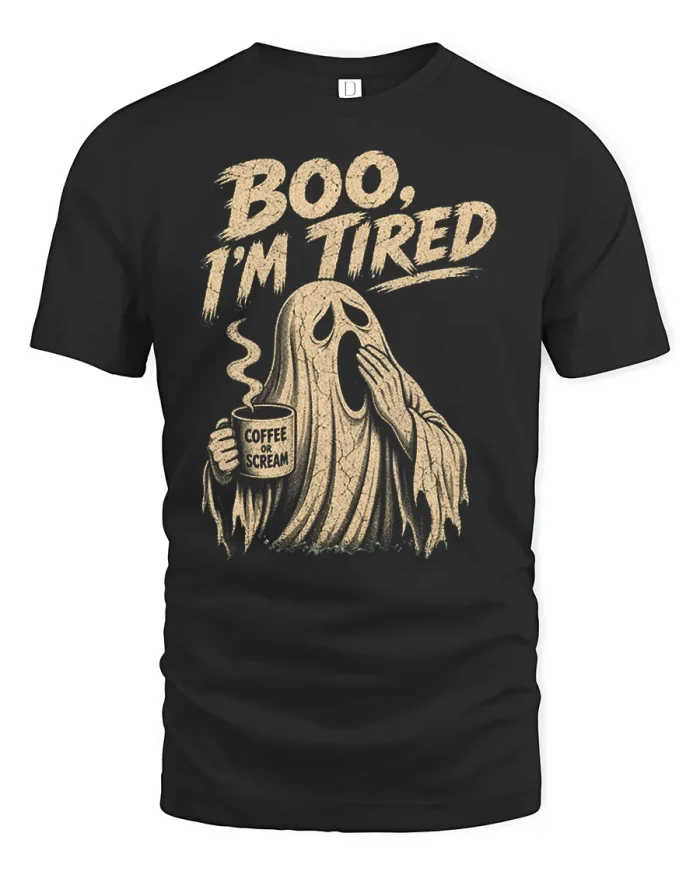 Boo Im Tired Funny Ghost Drinking Coffee Cotton T Shirt - black t-shirt on white background
