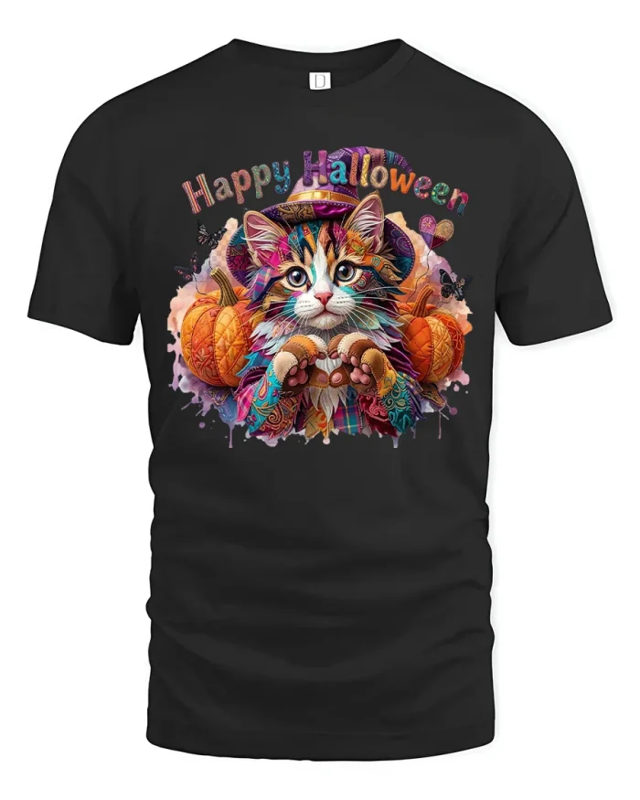 Cute Colorful Cat Witch Happy Halloween Cotton T Shirt - black t-shirt on white background