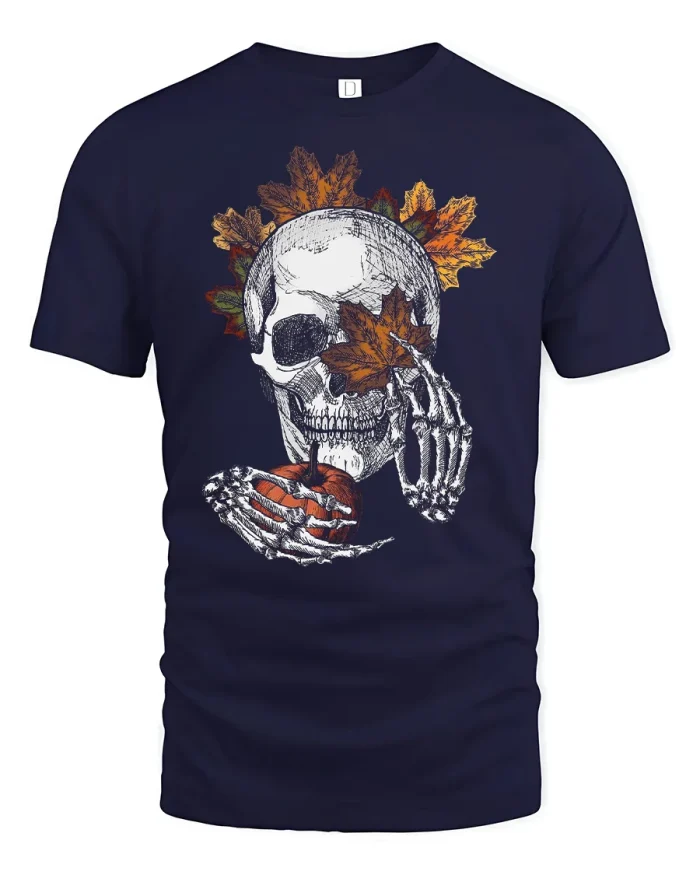 Autumn Skeleton Skull Pumpkin Maple Leaves Cotton T Shirt - navy t-shirt on white background