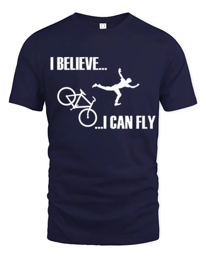 Funny Bike Crash I Believe I Can Fly Graphic Cotton T Shirt - navy t-shirt on white background