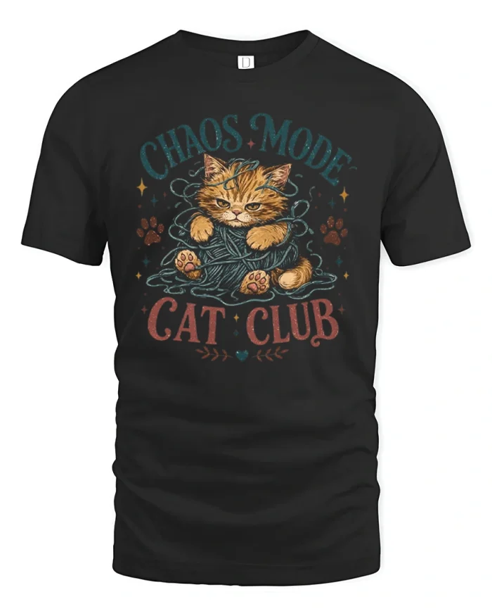 Chaos Mode Cat Club Kitten Yarn Ball Graphic Cotton T Shirt - black t-shirt on white background