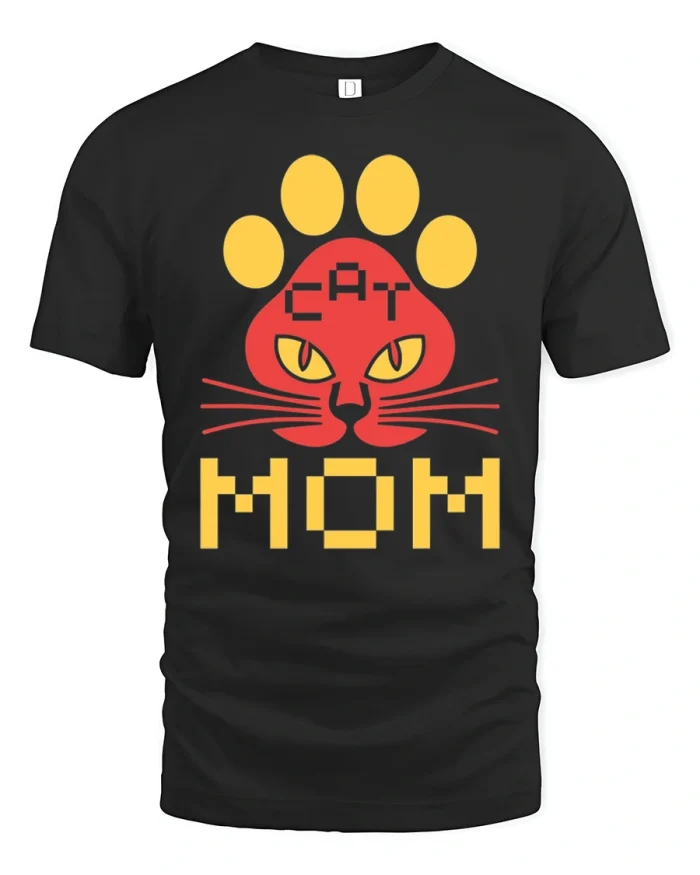 Retro Cat Mom Paw Print Graphic Soft Cotton T Shirt - black t-shirt on white background
