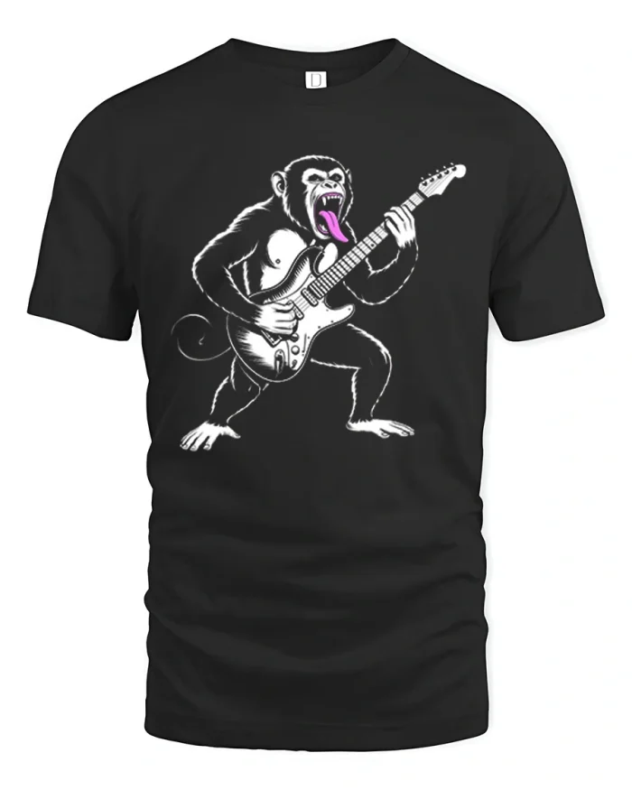 Rockstar Monkey Electric Guitar Graphic Cotton T Shirt - black t-shirt on white background
